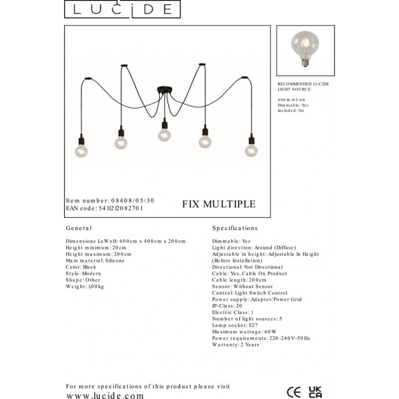 Lampa wiszące "żarówki" Fix Multiple V Czarna marki Lucide