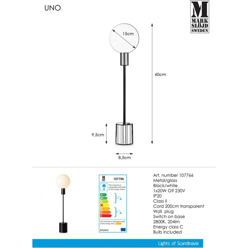 Lampa stołowa szklana kula Uno Czarny/Biały marki Markslojd