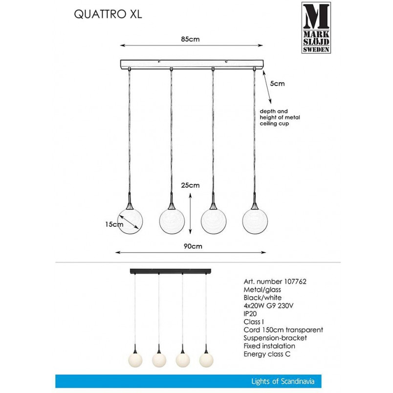 Lampa wisząca szklane kule Quattro 90 Czarny/Biały marki Markslojd