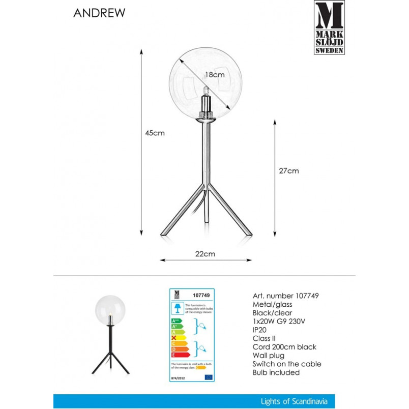 Lampa stołowa szklana kula Andrew Czarny/Przeźroczysty marki Markslojd