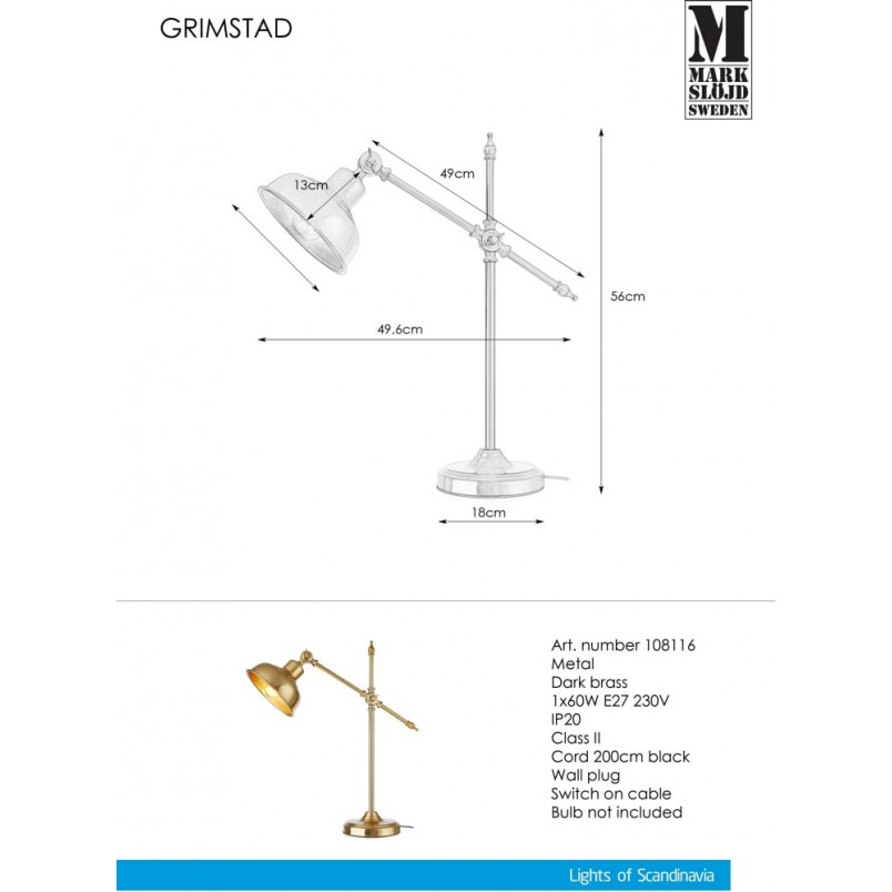 Lampa stołowa regulowana Grimstad mosiężna marki Markslojd