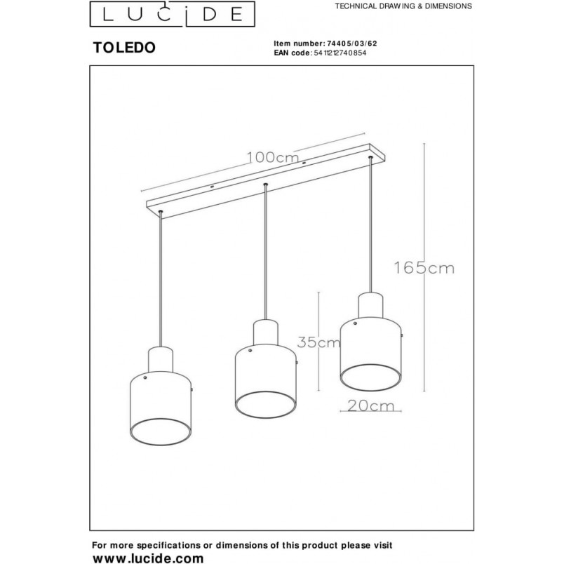Lampa wisząca szklana potrójna Toledo III S Bursztyn/Miedź Lucide
