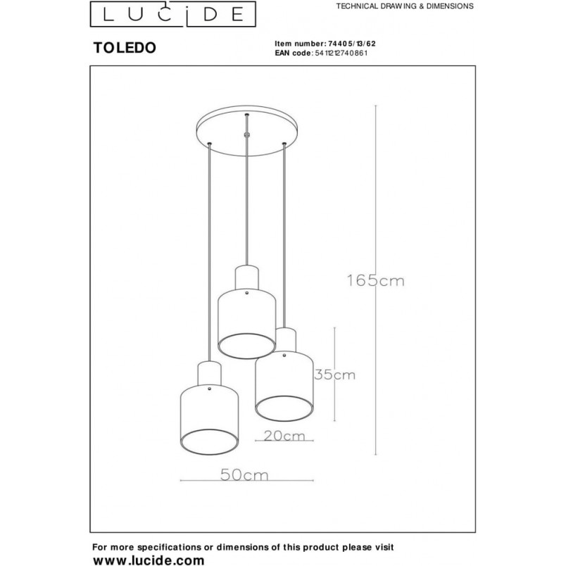 Lampa wisząca szklana potrójna Toledo III Round Bursztyn/Miedź Lucide
