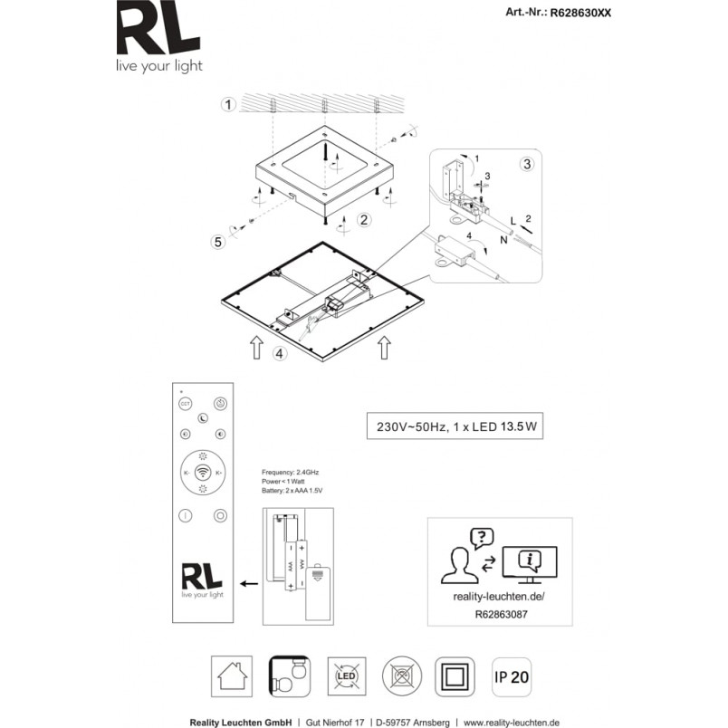 Plafon kwadratowy z pilotem i ściemniaczem Gamma LED 29x29cm tytanowy Reality