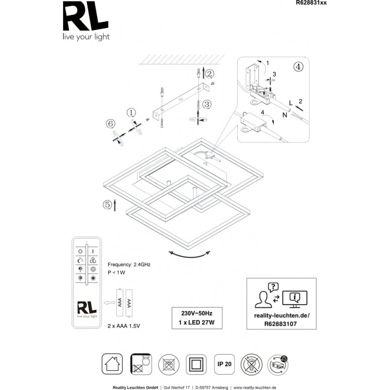 Plafon kwadratowy z pilotem i ściemniaczem Mobile LED 39cm czarny Reality
