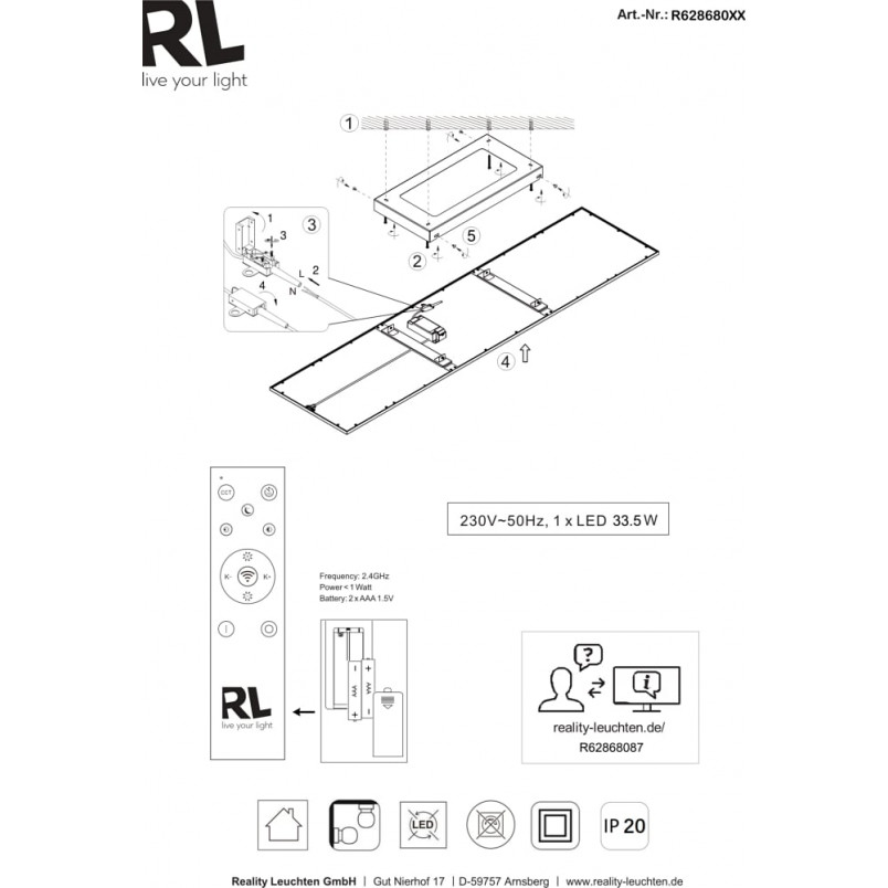 Plafon z pilotem i ściemniaczem Gamma LED 80x29cm czarny Reality