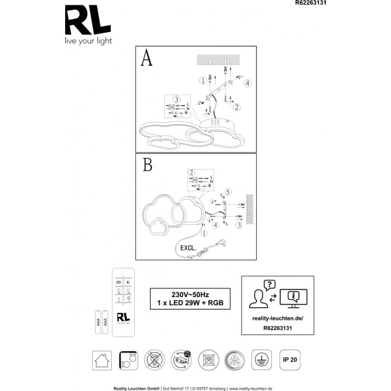 Plafon dziecięcy chmurka z pilotem Cloudy LED 52cm biały Reality