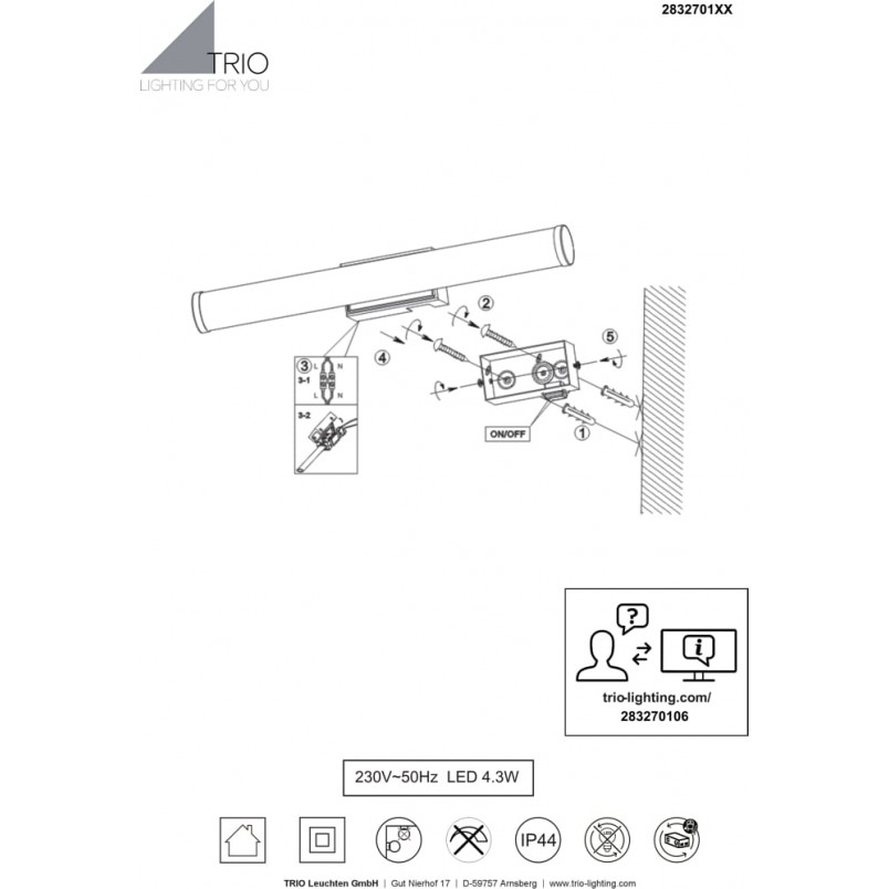 Kinkiet z włącznikiem do łazienki Mattimo LED 40cm biało-czarny Trio
