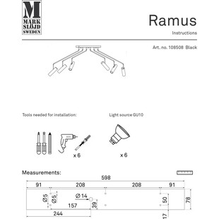 Lampa sufitowa 6 punktowa na wysięgnikach Ramus 192cm czarna Markslojd