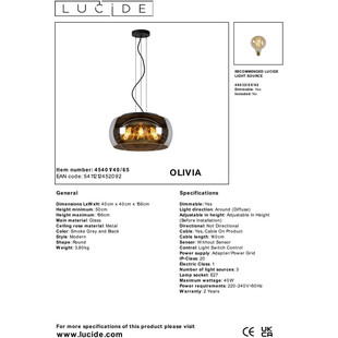 Lampa wisząca szklana nowoczesna Olivia 40cm szkło dymione Lucide