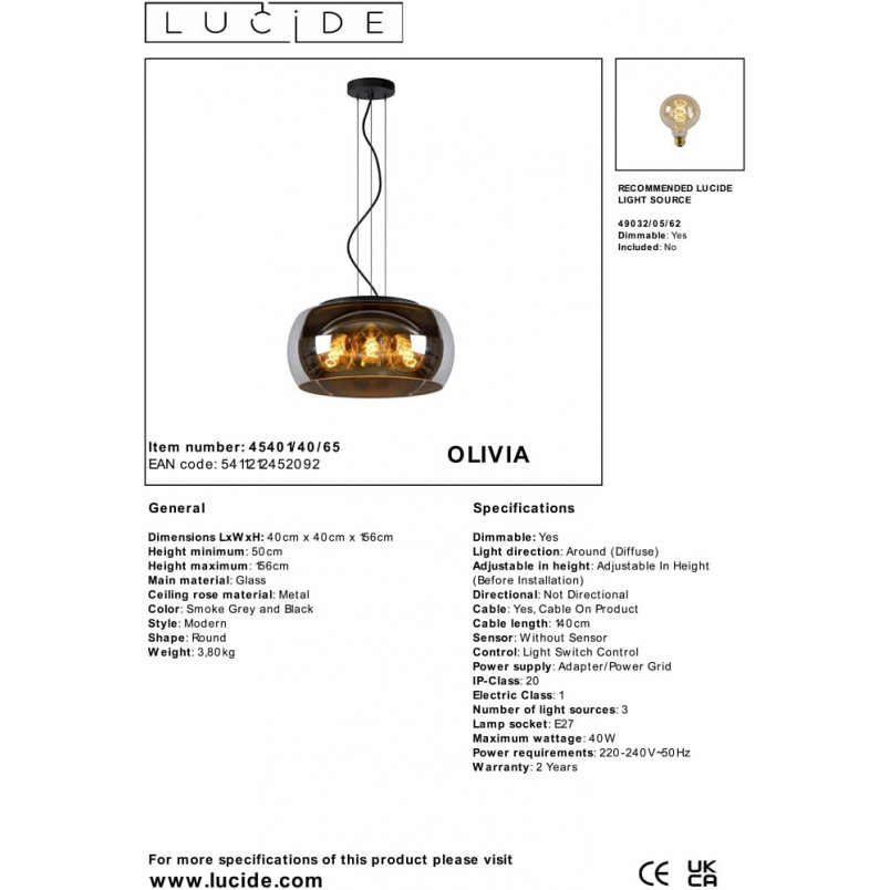 Lampa wisząca szklana nowoczesna Olivia 40cm szkło dymione Lucide