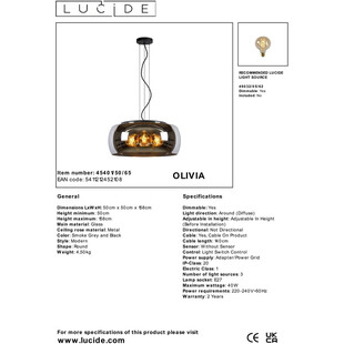 Lampa wisząca szklana nowoczesna Olivia 50cm szkło dymione Lucide