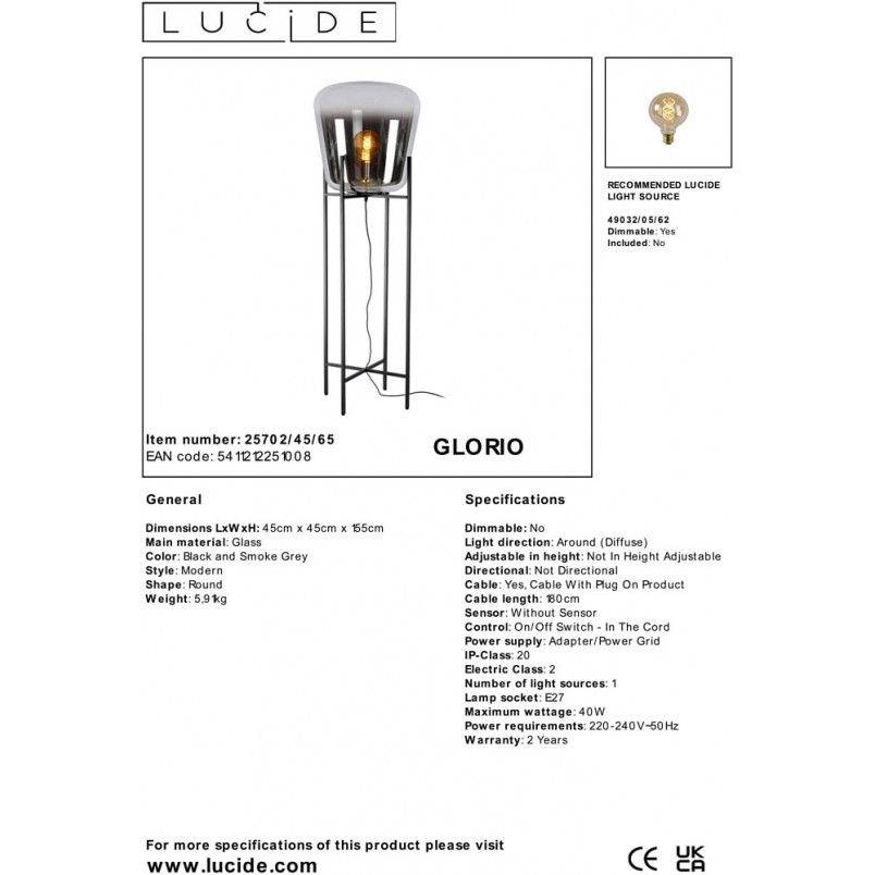 Lampa podłogowa szklana nowoczesna Glorio szkło dymione / czarny Lucide