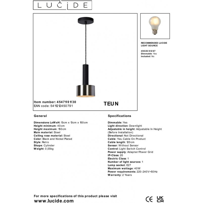 Lampa wisząca Teun 13cm nikiel / czarny Lucide