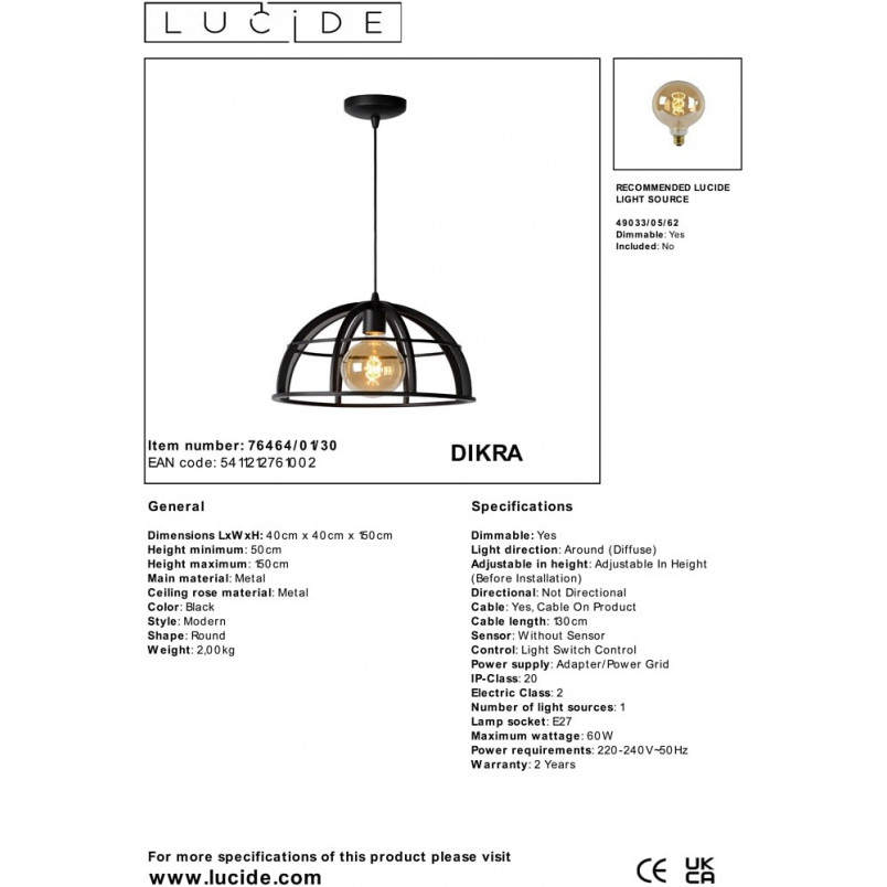 Lampa wisząca druciana loft Dikra 40cm czarna Lucide