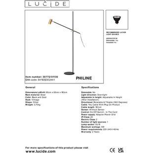 Lampa podłogowa regulowana Philine LED matowe złoto / mosiądz / czarny Lucide
