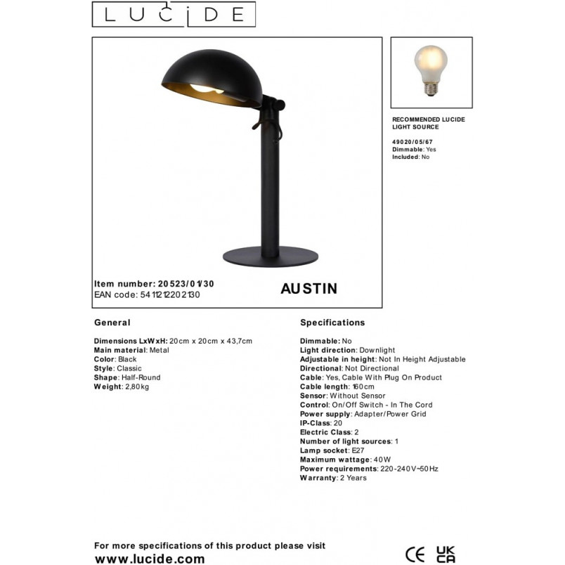 Lampa na biurko Austin czarna Lucide