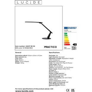 Lampa biurkowa z dotykowym włącznikiem Practico LED czarna Lucide
