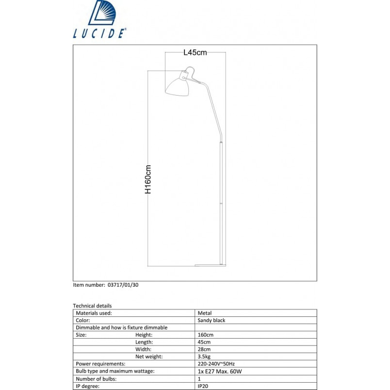Lampa podłogowa industrialna Shadi Czarna marki Lucide