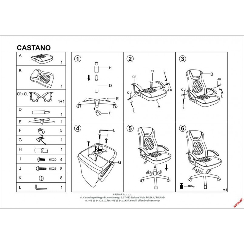 Fotel biurowy Castano popiel-czarny Halmar