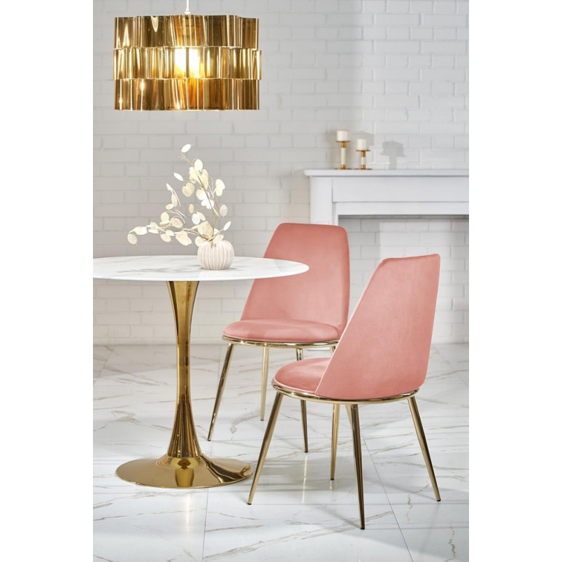 Stół szklany glamour na jednej nodze Casemiro 90cm biały marmur / złoty Halmar