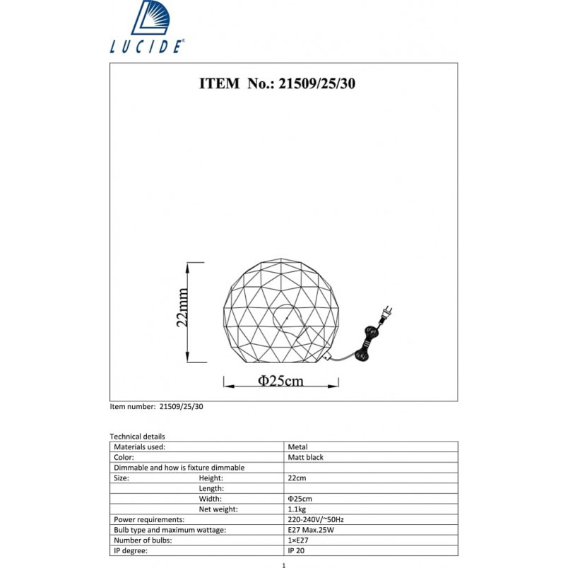 Lampa stołowa kula geometryczna Otona Czarna marki Lucide