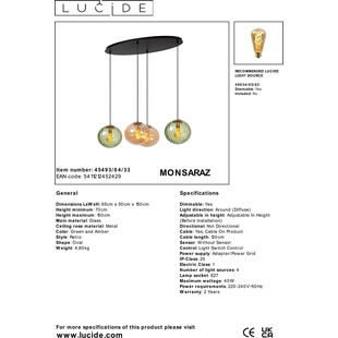 Lampa wisząca 4 szklane kule Monsaraz 95cm zielony / bursztynowy Lucide