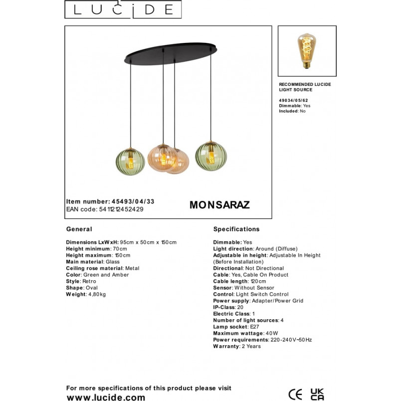 Lampa wisząca 4 szklane kule Monsaraz 95cm zielony / bursztynowy Lucide