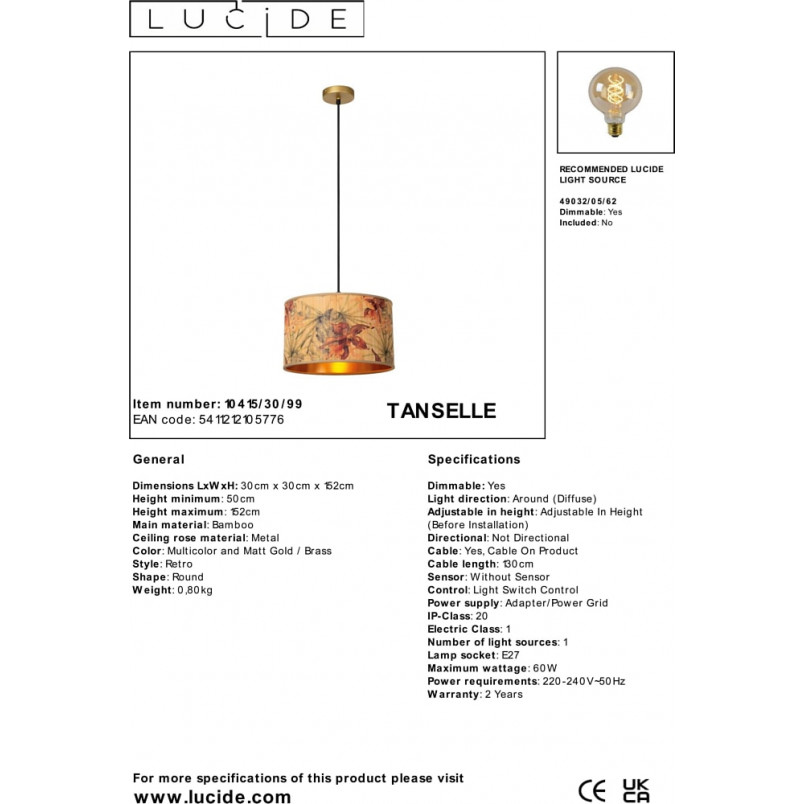 Lampa wisząca bambusowa z dekoracyjnym abażurem Tanselle 30cm Lucide