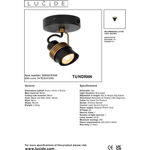 Reflektor sufitowy Tundran czarno-mosiężny Lucide