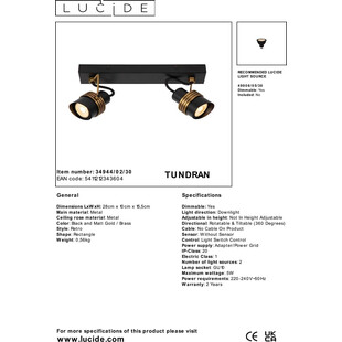 Reflektor sufitowy podwójny Tundran II czarno-mosiężny Lucide