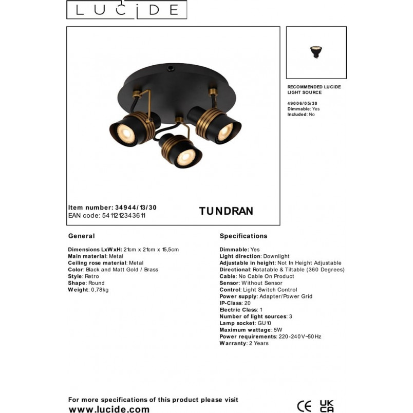 Reflektor sufitowy potrójny Tundran III czarno-mosiężny Lucide