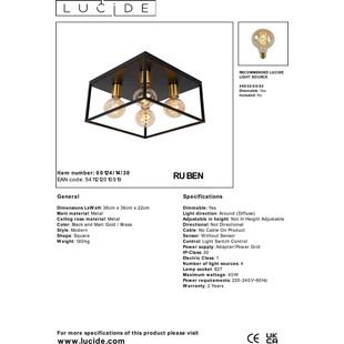 Plafon druciany loft Ruben 36x36cm czarny / mosiądz Lucide