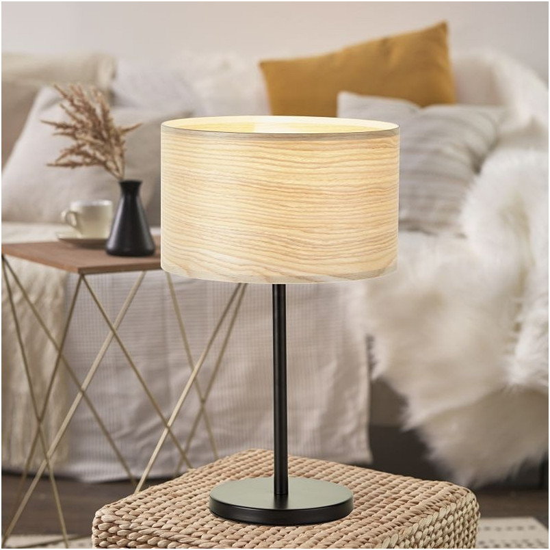Lampa stołowa z abażurem Romm jasne drewno / czarna Brilliant
