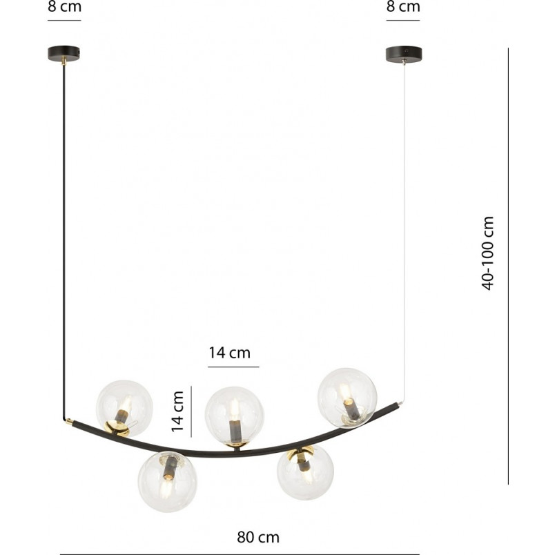 Lampa wisząca podłużna 5 szklanych kul Ritz 80cm przeźroczysty / złoty / czarny Emibig