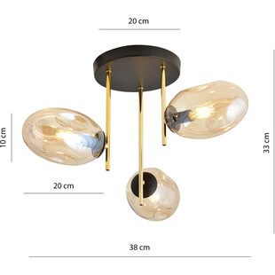 Lampa sufitowa szklana 3 punktowa Argo 38cm bursztynowy / złoty / czarny Emibig
