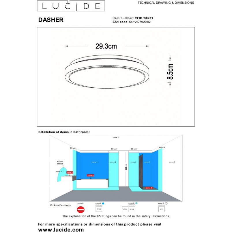 Plafon do łazienki z czujnikiem ruchu Dasher LED 29,3cm 2700K IP44 biały Lucide