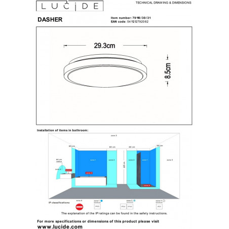 Plafon do łazienki z czujnikiem ruchu Dasher LED 29,3cm 2700K IP44 biały Lucide