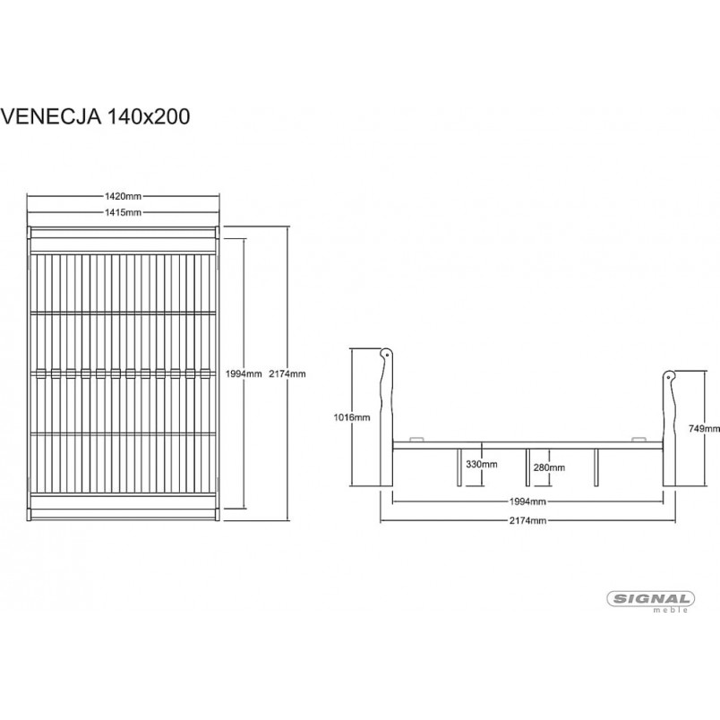 Łóżko drewniane Venecja 140x200cm czereśnia antyczna / czarny Signal