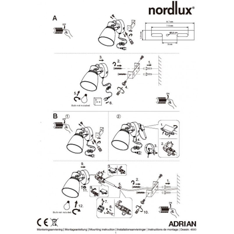 Kinkiet loft z kablem Adrian Czarny marki Nordlux