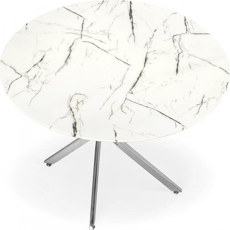Stół szklany glamour Raymond 100cm biały marmur / srebrny Halmar