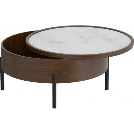 Stolik okrągły ze schowkiem Atos 80cm biały efekt marmur / orzech OL Home