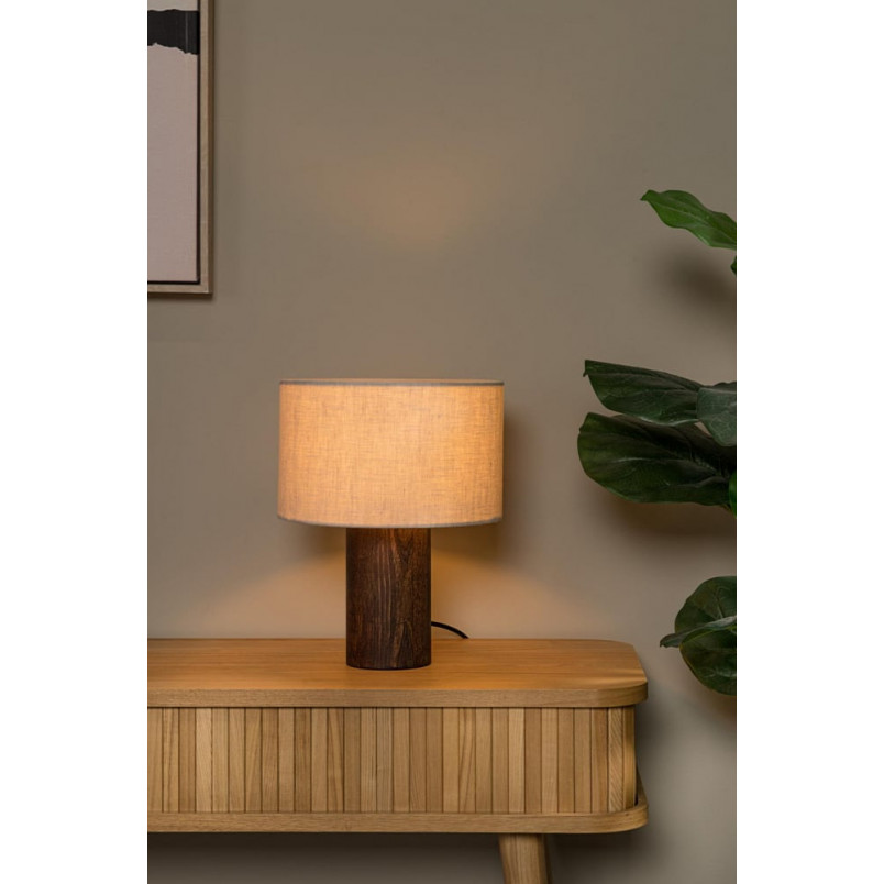Lampa stołowa japandi na drewnianej podstawie Tachina 25cm H31,5cm len Lucide