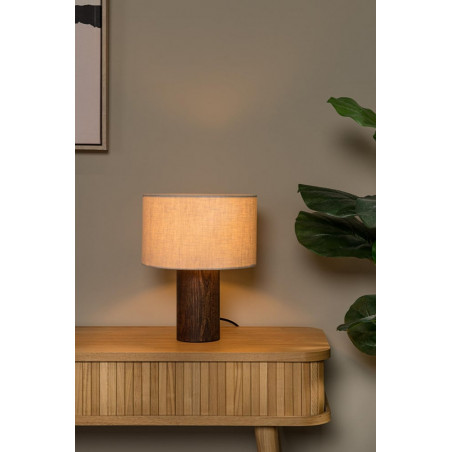 Lampa stołowa japandi na drewnianej podstawie Tachina 25cm H31,5cm len Lucide
