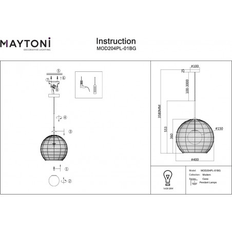 Lampa wisząca rattanowa kula boho Cane 40cm naturalna Maytoni