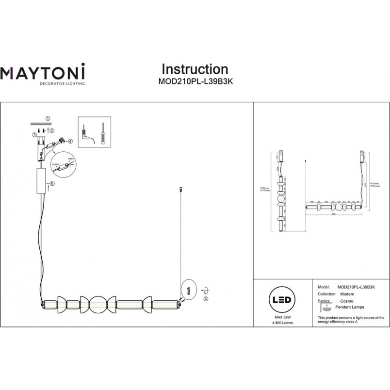 Lampa wisząca szklana podłużna Cosmo LED 98cm przeźroczysto-czarna Maytoni