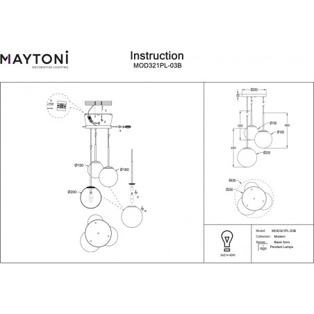 Lampa wisząca 3 szklane kule Basic Form 40cm biało-czarna Maytoni