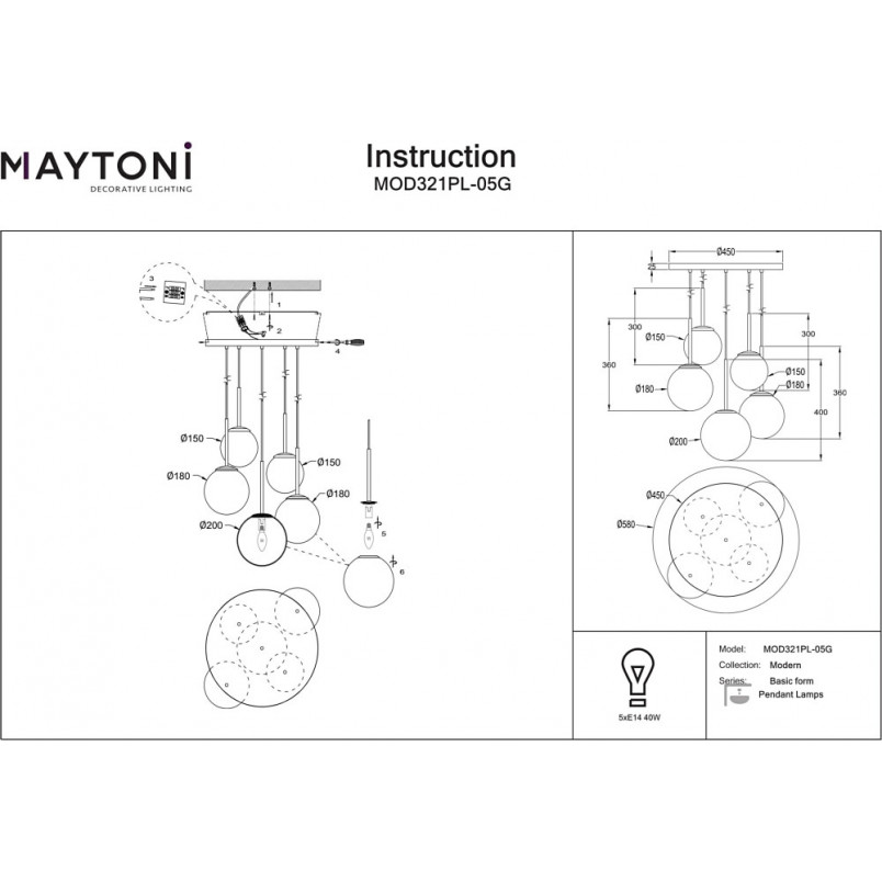 Lampa wisząca 5 szklanych kul Basic Form 58cm biała Maytoni