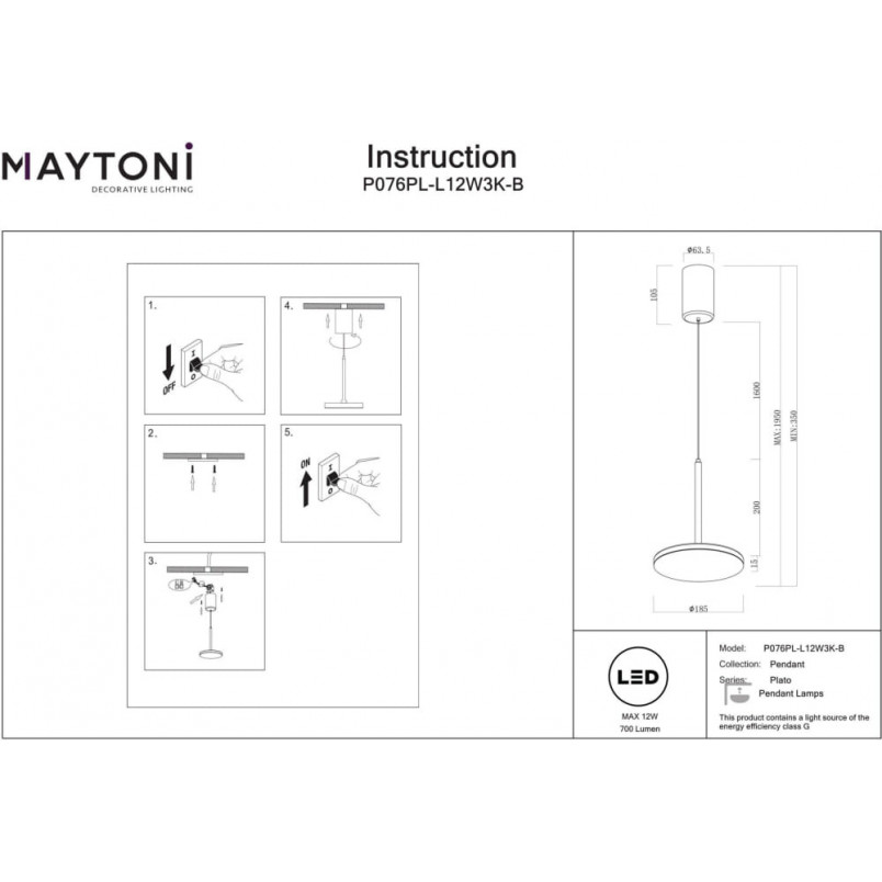 Lampa wisząca z płaskim kloszem Plato LED 3000K 18,5cm czarna Maytoni
