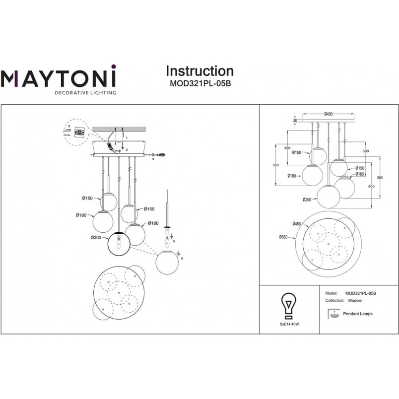 Lampa wisząca 5 szklanych kul Basic Form 45cm biało-czarna Maytoni